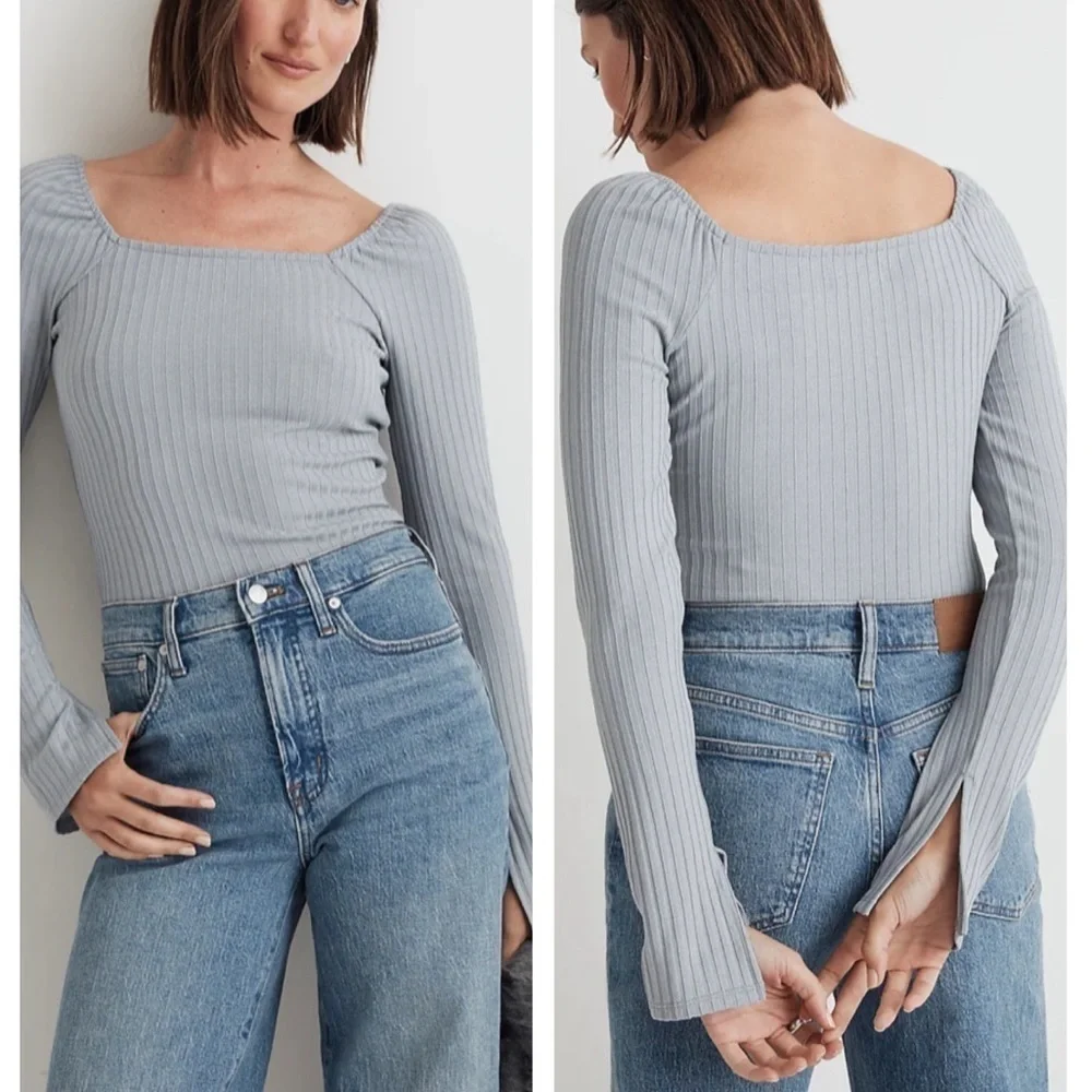 Madewell Craft Blue Ribbed Square Neck Long Sleeve Tee Medium